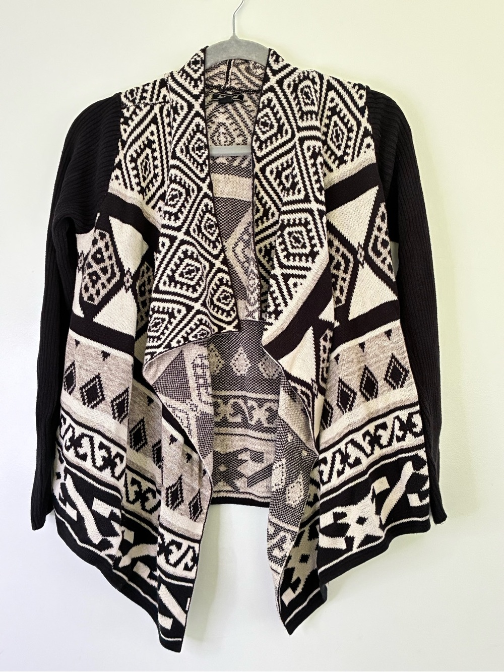Lucky Brand Black and Cream Aztec Open-Front Cardigan